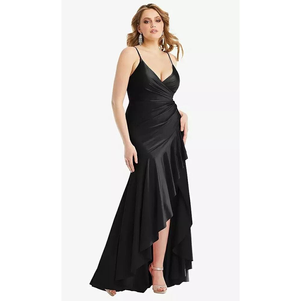 2824 NWOT CS111 Pleated Wrap Ruffled High Low Stretch Satin Gown Slight Train